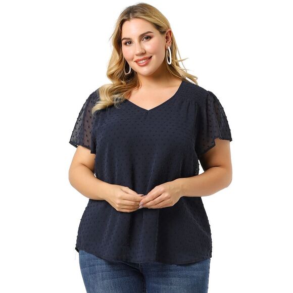 Plus Size Blouses Women Pin Dots Smocked Flare Sleeve Tops Royal Blue - Picture 3 of 6